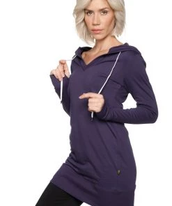 4-rth Women's Long Body Hoodie Top (Eggplant/Purple) Hoodie Tops