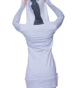 4-rth Women's Long Body Hoodie Top (Heather Grey W/Charcoal) Hoodie Tops