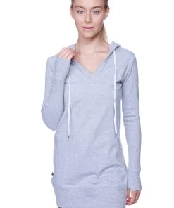 4-rth Women's Long Body Hoodie Top (Heather Grey W/Charcoal) Hoodie Tops