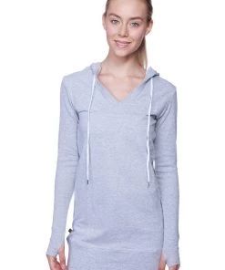 4-rth Women's Long Body Hoodie Top (Heather Grey W/Charcoal) Hoodie Tops
