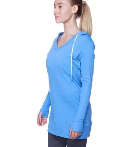 4-rth Women's Long Body Hoodie Top (Ice Blue W/Royal Blue)