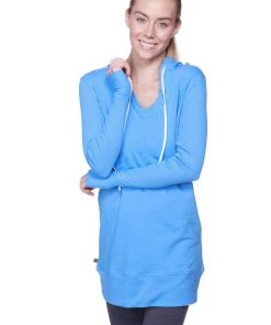 4-rth Women's Long Body Hoodie Top (Ice Blue W/Royal Blue)