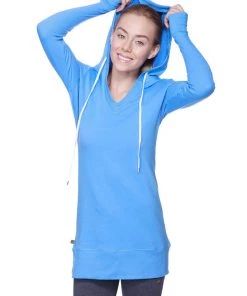 4-rth Women's Long Body Hoodie Top (Ice Blue W/Royal Blue)