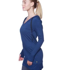 4-rth Hoodie Tops Women's Long Body Hoodie Top (Royal Blue W/Charcoal)