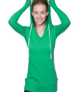 4-rth Hoodie Tops Women's Long Body Hoodie Top (Solid Bamboo Green)