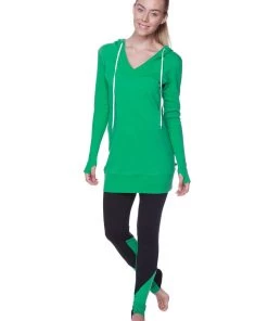 4-rth Hoodie Tops Women's Long Body Hoodie Top (Solid Bamboo Green)