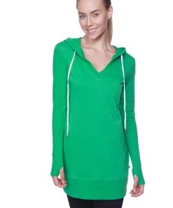 4-rth Hoodie Tops Women's Long Body Hoodie Top (Solid Bamboo Green)