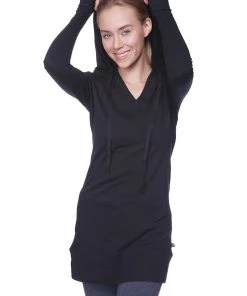 4-rth Women's Long Body Hoodie Top (Solid Black) Hoodie Tops