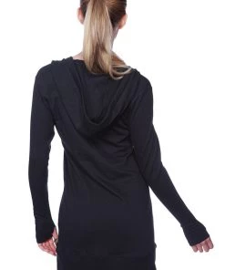 4-rth Women's Long Body Hoodie Top (Solid Black) Hoodie Tops