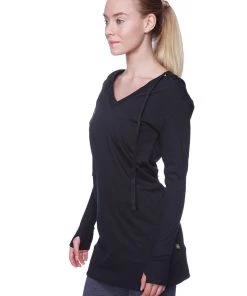 4-rth Women's Long Body Hoodie Top (Solid Black) Hoodie Tops