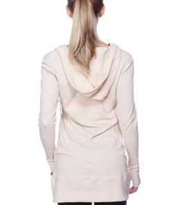 4-rth Women's Long Body Hoodie Top (Solid Sand Camel Beige)