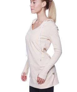 4-rth Women's Long Body Hoodie Top (Solid Sand Camel Beige)
