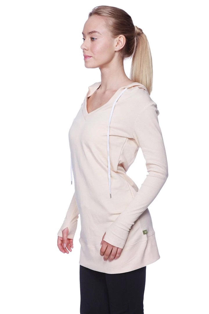 4-rth Women's Long Body Hoodie Top (Solid Sand Camel Beige)