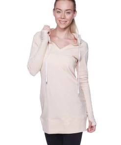 4-rth Women's Long Body Hoodie Top (Solid Sand Camel Beige)